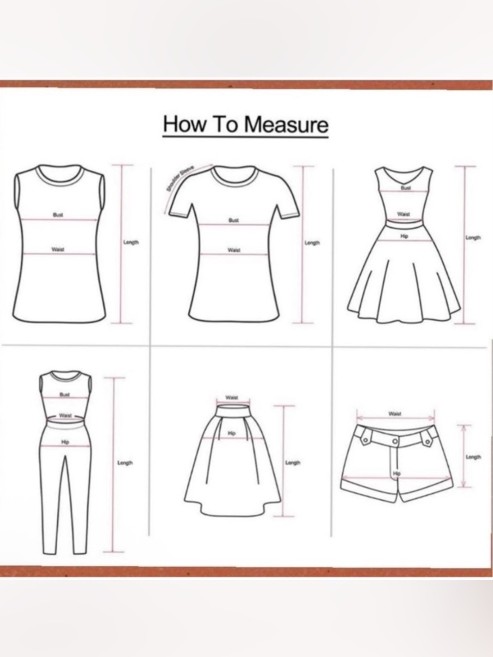 How to measure your pit to pit (PTP), waist flat, hips, rise, inseam info.